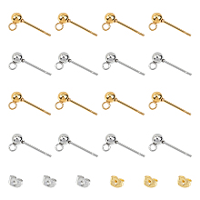 Unicraftale 202 Stainless Steel Ball Stud Earring Findings, with 304 Stainless Steel Pins, Ear Nuts and Loop, Round, Golden & Stainless Steel Color, Earring Findings: 15mm, Hole: 2mm; Pin: 0.7mm, 40pcs/box; Ear Nuts: 40pcs/box