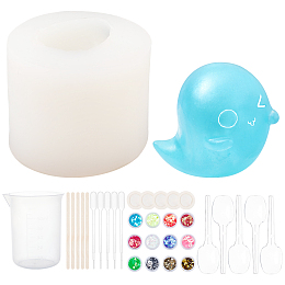 Olycraft DIY Ghost Silicone Molds Kits, Include Wooden Craft Sticks, Plastic Pipettes, Latex Finger Cots, Plastic Measuring Cups, Plstic Spoon, Nail Art Sequins/Paillette, White, 67x54mm, Inner Diameter: 32x42mm, 1pc