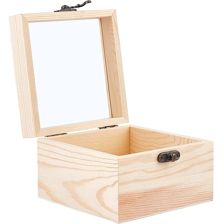 Gorgecraft Shape Pine Wooden Box, with Glass Windows and Iron Clock, Rectangle, BurlyWood, 137x120x82mm