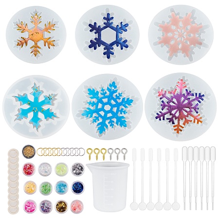 Silicone Molds, Resin Casting Molds, Epoxy Resin Jewelry Making, Snowflake, Include 100ml Measuring Cups, Metal Cabochons & Nail Art Sequins & Iron Screw Eye Pin Peg Bails, Mixed Color, 43~54x6~8mm