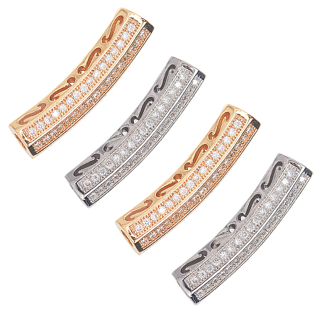 Unicraftale Environmental Brass Micro Pave Cubic Zirconia Tube Beads, Platinum & Golden, 27x6mm, Hole: 3mm; 4pcs/box