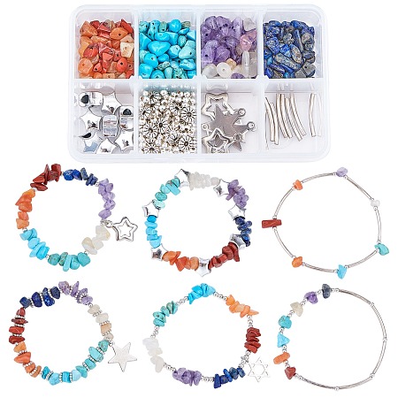 SUNNYCLUE DIY Gemstone Bead Stretch Bracelets Making Kits, include Brass Tube Beads & Pendants, 304 Stainless Steel Pendants, Alloy & Iron Beads, Clear Elastic Crystal Thread, Mixed Color, 5~8x5~8mm, Hole: 1mm