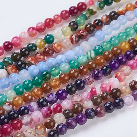 Arricraft Round Dyed Natural Striped Agate/Banded Agate Beads Strands, Mixed Color, 6mm, Hole: 1mm, about 62pcs/strand, 14.8 inches