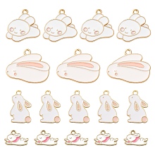 Arricraft 40Pcs 4 Style Alloy Enamel Bunny Pendants, Rabbit, Easter Bunny, Light Gold, White, 10~22x13~27x1.5~2mm, Hole: 1.6~2mm, 10pcs/style