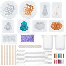 Olycraft Buddhaist DIY Pendant Silicone Molds Kits, with Birch Wooden Craft Ice Cream Stick and Plastic Transfer Pipettes, Latex Finger Cots, Plastic Measuring Cup, Glass Pendant Bottle Decoration, Clear, 45x41x10mm, Hole: 1.5mm;  Inner Diameter: 31x29mm, 2pcs