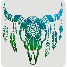 FINGERINSPIRE Cow Skull Stencils Template 11.8x11.8inch Plastic Feathered Bull Head Drawing Painting Stencils Animal Skull Pattern Stencils for Painting on Wood, Floor, Wall and Tile