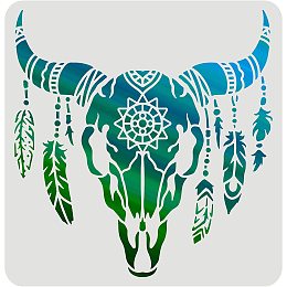 FINGERINSPIRE Cow Skull Stencils Template 11.8x11.8inch Plastic Feathered Bull Head Drawing Painting Stencils Animal Skull Pattern Stencils for Painting on Wood, Floor, Wall and Tile