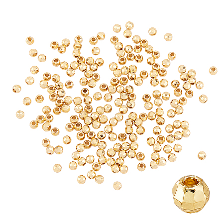 PANDAHALL ELITE Real 14K Gold Plated Brass Spacer Beads, Nickel Free, Faceted Round, Real 14K Gold Plated, 3.5x3x3mm, Hole: 1.8mm; 200pcs/box