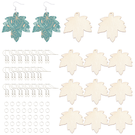 SUNNYCLUE DIY Earrings Kiits, with Undyed Wooden Pendants, Silver Plated Brass Jump Rings & Earring Hooks, Maple Leaf, BurlyWood, 49.5x47.8x1.5mm, Hole: 2mm, 50pcs/set