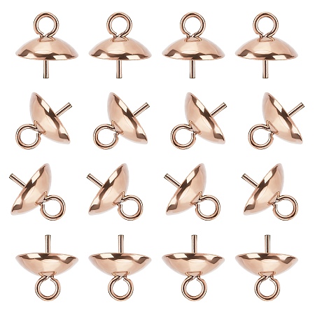 Unicraftale Vacuum Plating 304 Stainless Steel Cup Pearl Peg Bails Pin Pendants, For Half Drilled Beads, Rose Gold, 8mm, Hole: 1.5mm; Pin: 0.7mm, 30pcs/box