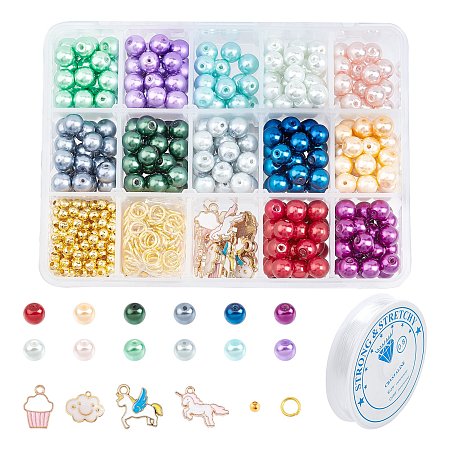 SUNNYCLUE DIY Stretch Bracelet Making Kits, with Glass Pearl Beads, Enamel Pendants, Iron Spacer Beads, Brass Jump Rings, Elastic Crystal Thread, Mixed Color