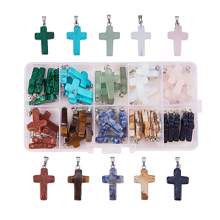 Pandahall Elite 10-Color Stone Cross Gemstone Pendants for Necklace Jewelry Making, about 50pcs/box