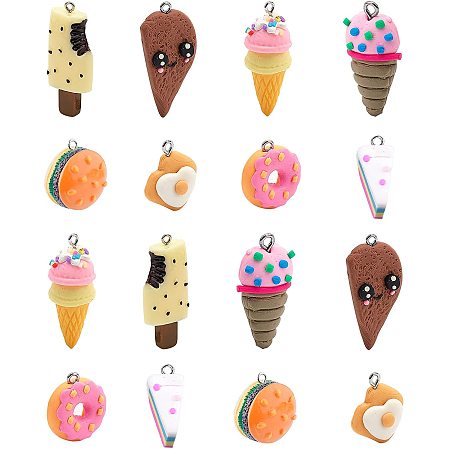 NBEADS 32 Pcs 8 Shapes Polymer Clay Pendants, Handmade Food Theme Polymer Clay Pendant for Phone Straps Key Bag Charms