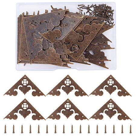 SUPERFINDINGS Iron Box Corner Protectors, with Screws, For Furniture Jewelry Box Decoration, Triangle, Antique Bronze, 42x82x0.5mm, Hole: 1.8mm; Screws: 16x3mm, Pin: 1.5mm, 30sets/box