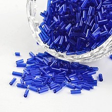 Transparent Colours Round Hole Glass Bugle Beads, Blue, 3~5x1.8~2mm, Hole: 0.8mm, about 12000pcs/450g