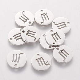 Honeyhandy 304 Stainless Steel Charms, Flat Round with Constellation/Zodiac Sign, Stainless Steel Color, 12x1mm, Hole: 1mm