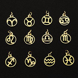 Honeyhandy 201 Stainless Steel Charms, Laser Cut, with Jump Rings, Ring with 12 Constellations, Golden, 13x10.5x1mm, Hole: 3mm, 12pcs/set