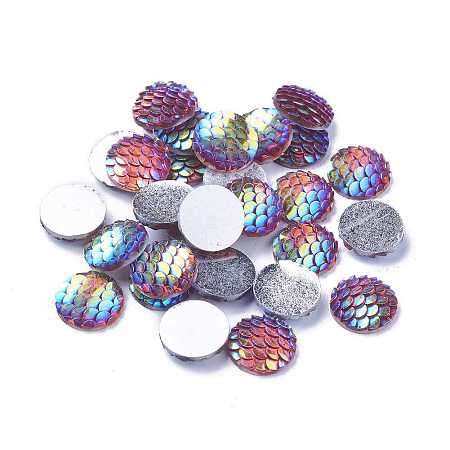 ARRICRAFT Resin Cabochons, Flat Round with Mermaid Fish Scale, Colorful, 12x3mm
