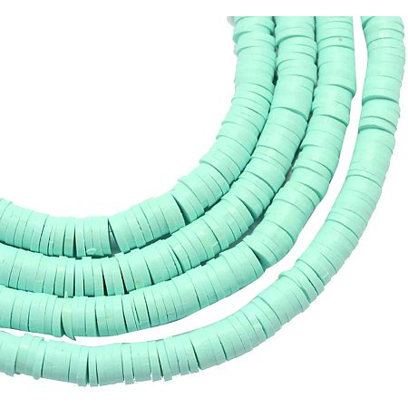 NBEADS 380 Pieces Handmade Polymer Clay Beads Strand, 8mm Flat Round Spacer Beads for DIY Jewelry Making, Aquamarine, Hole: 2mm