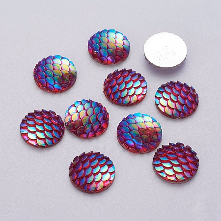Honeyhandy Resin Cabochons, Flat Round with Mermaid Fish Scale, Colorful, 12x3mm