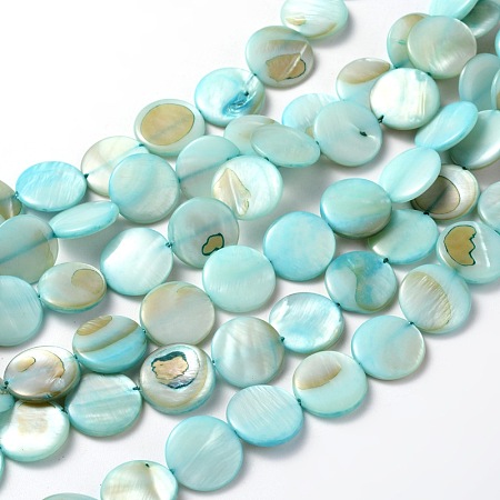 ARRICRAFT Natural Shell Beads Strands, Dyed, Flat Round, Blue, about 14mm in diameter, 3mm thick, hole: 2mm, 28pcs/strand, 16 inches
