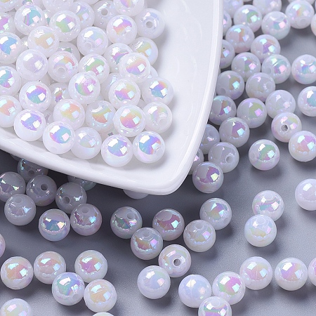 Honeyhandy Eco-Friendly Poly Styrene Acrylic Beads, AB Color Plated, Round, White, 8mm, Hole: 1mm