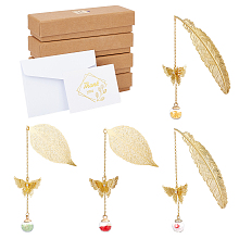 GLOBLELAND Glass Ball & 3D Brass Butterfly Pendant Bookmarks, with Paper Greeting Card & Envelopes, Cardboard Boxes, Golden, 202~240mm