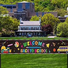 FINGERINSPIRE Welcome Back to School Banner with Hanging Rope Colorful Words Party Supplies Black Polyester Hanging Sign with School Bus Books Pattern for Outdoor & Indoor Decor (118x20inch)