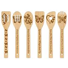 GLOBLELAND 6Pcs Bamboo Spoons & Knifes & Forks, Flatware for Dessert, Butterfly Pattern, 60x300mm, 6 style, 1pc/style, 6pcs/set