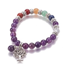 Honeyhandy Chakra Jewelry, Natural Amethyst Bracelets, with Metal Tree Pendants, 50mm