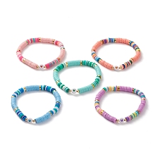 Honeyhandy Polymer Clay Heishi Beads Stretch Bracelets, with Acrylic c Heart Beads and Brass Beads, Mixed Color, Inner Diameter: 2-1/4 inch(5.7cm)