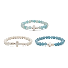 Honeyhandy 3Pcs 3 Style Natural Blue Quartz & Grade A Amazonite & Turquoise Cross Beaded Stretch Bracelets Set, Mixed Color, Inner Diameter: 2-3/8 inch(6cm), 1Pc/style