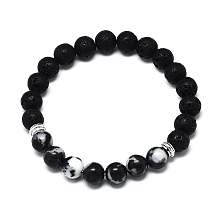 Honeyhandy Natural Black Agate Beads Stretch Bracelets, with Synthetic Lava Rock Beads and Alloy Beads, Round, Inner Diameter: 2-1/8 inch(5.5cm), Beads: 8.5mm