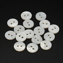 Honeyhandy 2-Hole Shell Flat Round Buttons, White, 10x2mm, Hole: 1.5mm, about 720pcs/bag