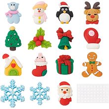 BENECREAT 30Pcs 15 Styles Christmas Theme Resin Slime Charms, Flatback Assorted Button Santa Tree Snowman Bell Cartoon with 60Pcs Acrylic Double-Sided Glue Point Dots for DIY Crafts Making