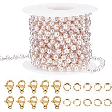 Beebeecraft 16.4 Feet Pearl Beading Chain with 18K Gold Plated Cable Chain with Lobster Clasps and Jump Rings for Bracelet Necklace Jewelry Making