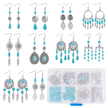 SUNNYCLUE DIY Gemstone Dangle Earring Making Kit, Including Flower & Feather & Leaf Alloy Pendants & Links & Beads, Round & Teardrop Synthetic Beads, Brass Earring Hooks, Turquoise, 235Pcs/box