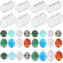 UNICRAFTALE 32pcs Flat Round and Oval Stone Pendant Stainless Steel Pendant Cabochon Settings Mixed Color Natural Mixed Stone Cabochons for DIY Jewelry Gift Making 2-2.5mm Hole