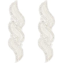 NBEADS 2 Pcs Rhinestone Iron on Patches, 6.3x1.75x0.16" White Embroidery Applique Crystal Glitter Sew on Appliques with Brass Settings for Wedding Dress Bridal Sash Belt Decoration--Spiral