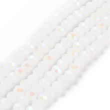 Honeyhandy Electroplate Glass Beads Strands, Imitation Jade Beads, Half Plated, Rainbow Plated, Faceted, Rondelle, White, 4x3mm, Hole: 0.4mm, about 123~127pcs/strand, 16.5~16.9 inch(42~43cm)