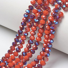 Honeyhandy Electroplate Opaque Solid Color Glass Beads Strands, Half Plated, Blue Plated, Faceted, Rondelle, Orange Red, 4x3mm, Hole: 0.4mm, about 123~127pcs/strand, 16.5~16.9 inch(42~43cm)