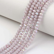 Honeyhandy Electroplate Opaque Solid Color Glass Beads Strands, Half Rainbow Plated, Faceted, Rondelle, Thistle, 6x5mm, Hole: 1mm, about 83~85pcs/strand, 38~39cm