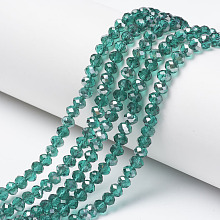 Electroplate Transparent Glass Beads Strands, Half Gray Plated, Faceted, Rondelle, Light Sea Green, 4x3mm, Hole: 0.4mm; about 145pcs/strand, 18.9 inches(48cm)