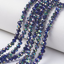 Honeyhandy Electroplate Transparent Glass Beads Strands, Half Multi-color Plated, Faceted, Rondelle, Medium Blue, 6x5mm, Hole: 1mm, about 92~94pcs/strand, 17~17.5 inch(42.5~43.75cm)