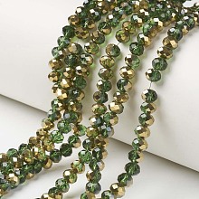 Honeyhandy Electroplate Transparent Glass Beads Strands, Half Golden Plated, Faceted, Rondelle, Green, 8x6mm, Hole: 1mm, about 72pcs/strand, 16.14 inch(41cm)