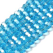 Transparent Glass Beads, 32 Facets, AB Color Plated, Round, Deep Sky Blue, 6x5.5mm, Hole: 1.2mm, about 91~93pcs/strand, 19.57''~19.92''(49.7~50.6cm)