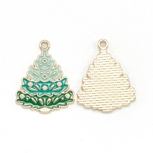 Honeyhandy Alloy Enamel Pendants, Light Gold, Christmas Tree, Green, 30x24x2mm, Hole: 2mm