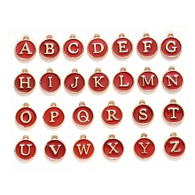 Honeyhandy Initial Letter A~Z Alphabet Enamel Charms, Flat Round Disc Double Sided Charms, Golden Plated Enamelled Sequins Alloy Charms, Dark Red, 14x12x2mm, Hole: 1.5mm, 26pcs/set