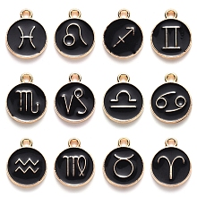 Honeyhandy Alloy Enamel Pendants, Flat Round with Constellation, Black, 15x12x2mm, Hole: 1.5mm, about 12pcs/set