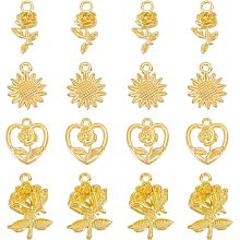 Arricraft 80 Pcs 4 Styles Alloy Flowers Charms Pendants, Vintage Flower Charms Heart with Rose & Flower & Sunflower Golden Charms for Valentine's Day DIY Necklace Earring Crafts Making